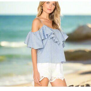 MISA Los Angeles Marina Top Womens L Blue Stripe Cotton Ruffle Cold Shoulder